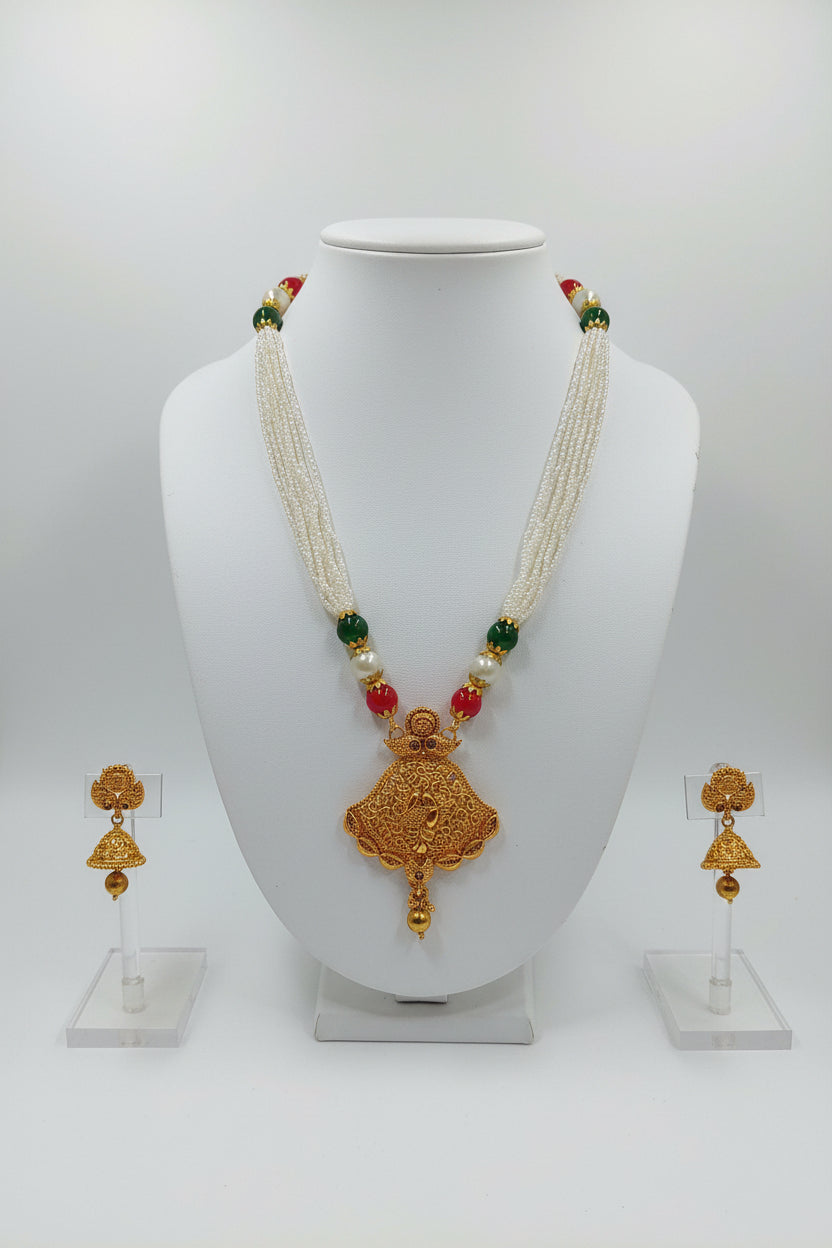 Gold Color White Beaded Temple Jewelry Set with Red Green Beads with Gold color beads center Necklace and earring set