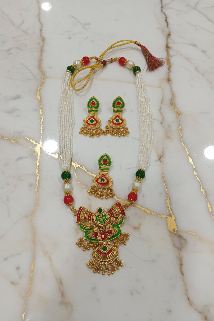 Gold Color White Beaded Temple Jewelry Set with Light Green enamel , Red Green Beads with Gold color beads center Necklace and earring set