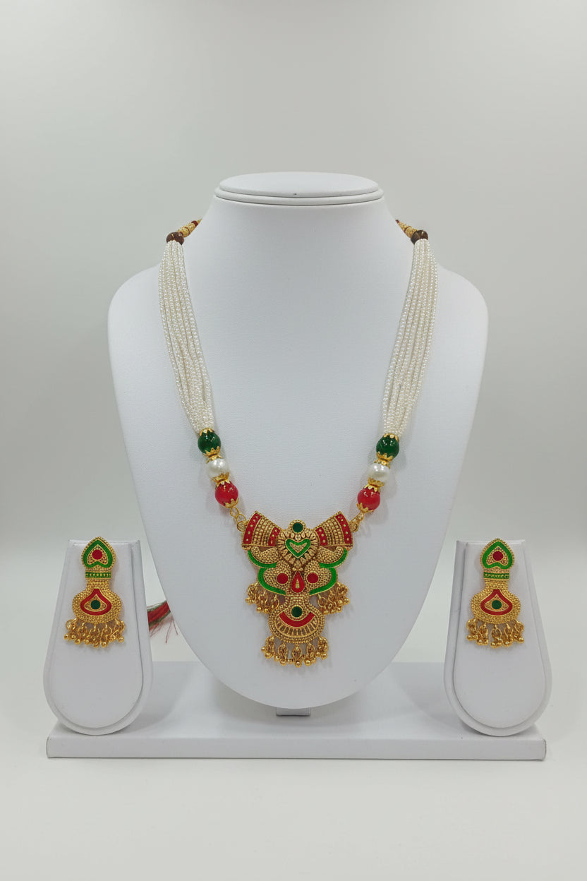 Gold Color White Beaded Temple Jewelry Set with Light Green enamel , Red Green Beads with Gold color beads center Necklace and earring set