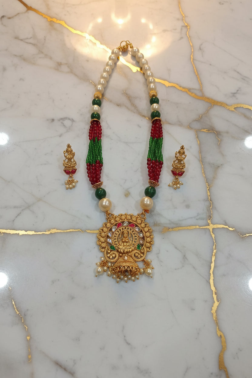 Gold Color Red Green Cream Beaded Temple Jewelry Set with Red Green Beads with Goddess Lakshmi Gold color beads center Necklace and earring set