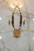 Gold Color Red Green Cream Beaded Temple Jewelry Set with Red Green Beads with Goddess Lakshmi Gold color beads center Necklace and earring set