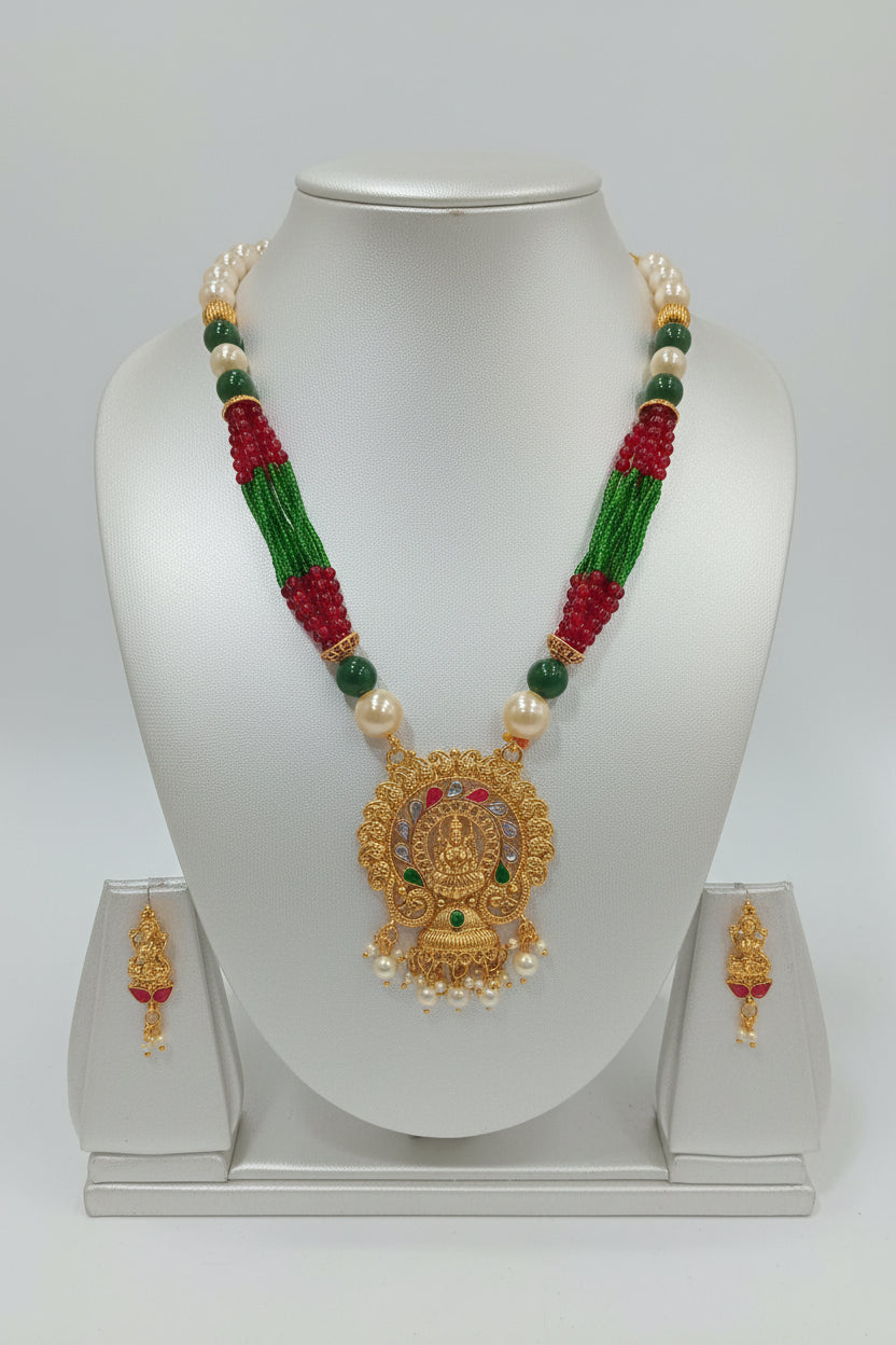Gold Color Red Green Cream Beaded Temple Jewelry Set with Red Green Beads with Goddess Lakshmi Gold color beads center Necklace and earring set