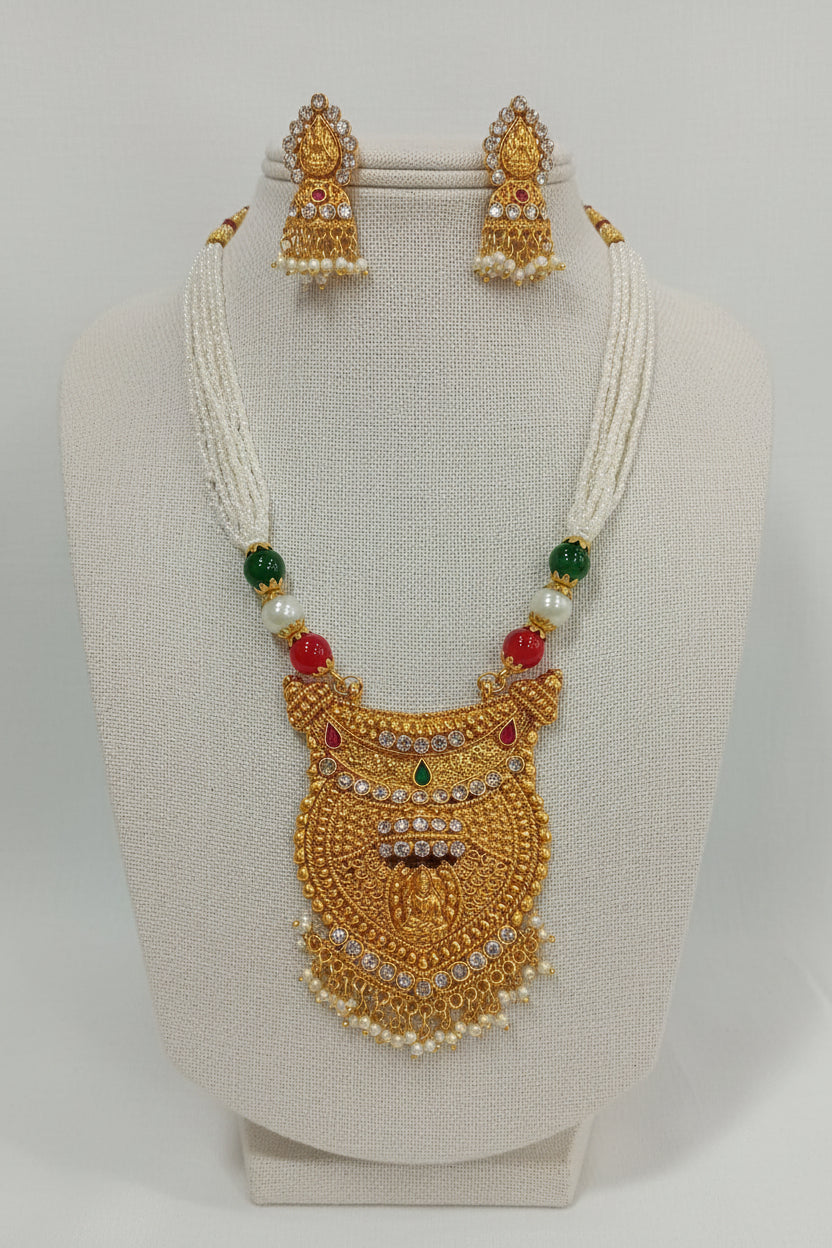Gold Color White Beaded Temple Jewelry Set with Red Green Beads with Goddess Lakshmi cream color beads center Necklace and earring set