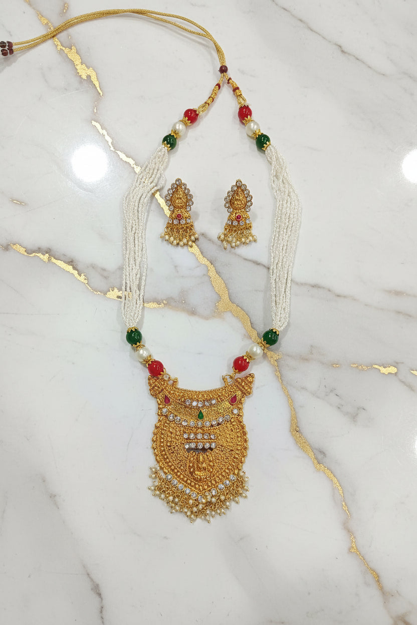 Gold Color White Beaded Temple Jewelry Set with Red Green Beads with Goddess Lakshmi cream color beads center Necklace and earring set