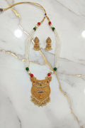 Gold Color White Beaded Temple Jewelry Set with Red Green Beads with Goddess Lakshmi cream color beads center Necklace and earring set