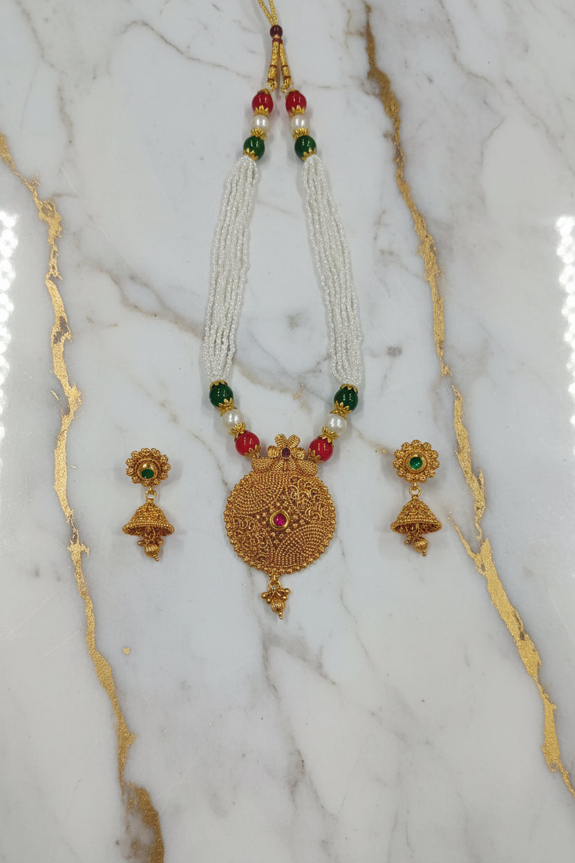 Gold Color White Beaded Temple Jewelry Set with Red Green Beads with Gold color beads center Necklace and earring set
