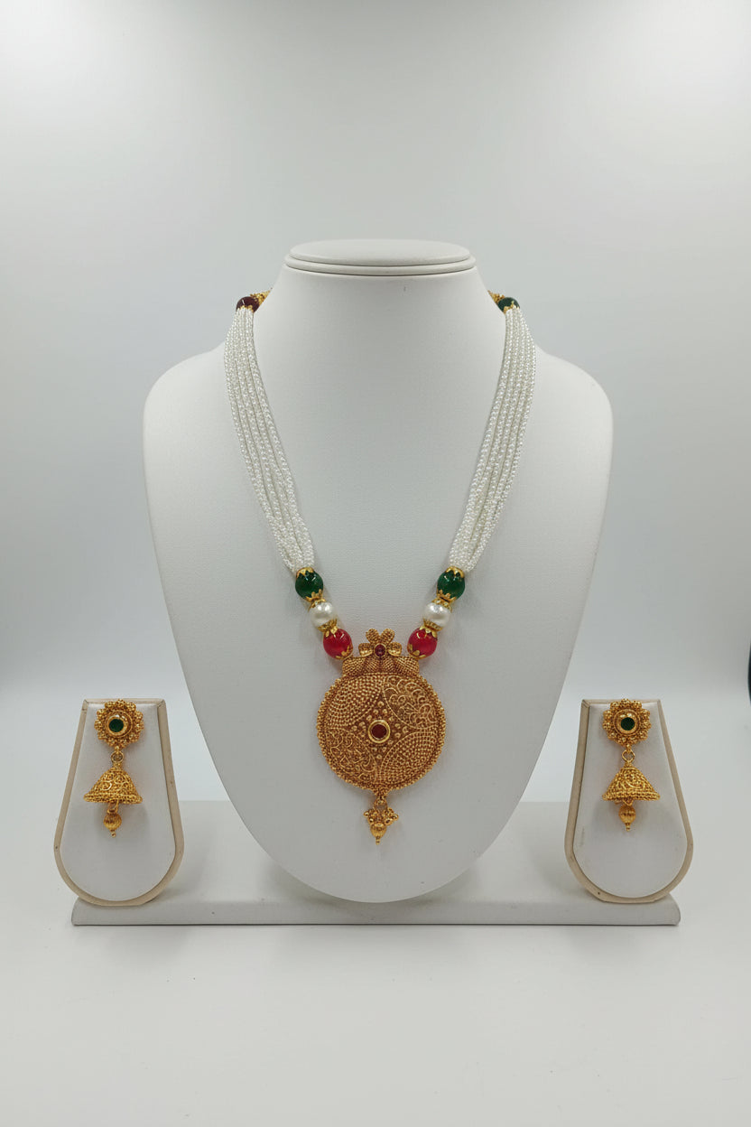 Gold Color White Beaded Temple Jewelry Set with Red Green Beads with Gold color beads center Necklace and earring set