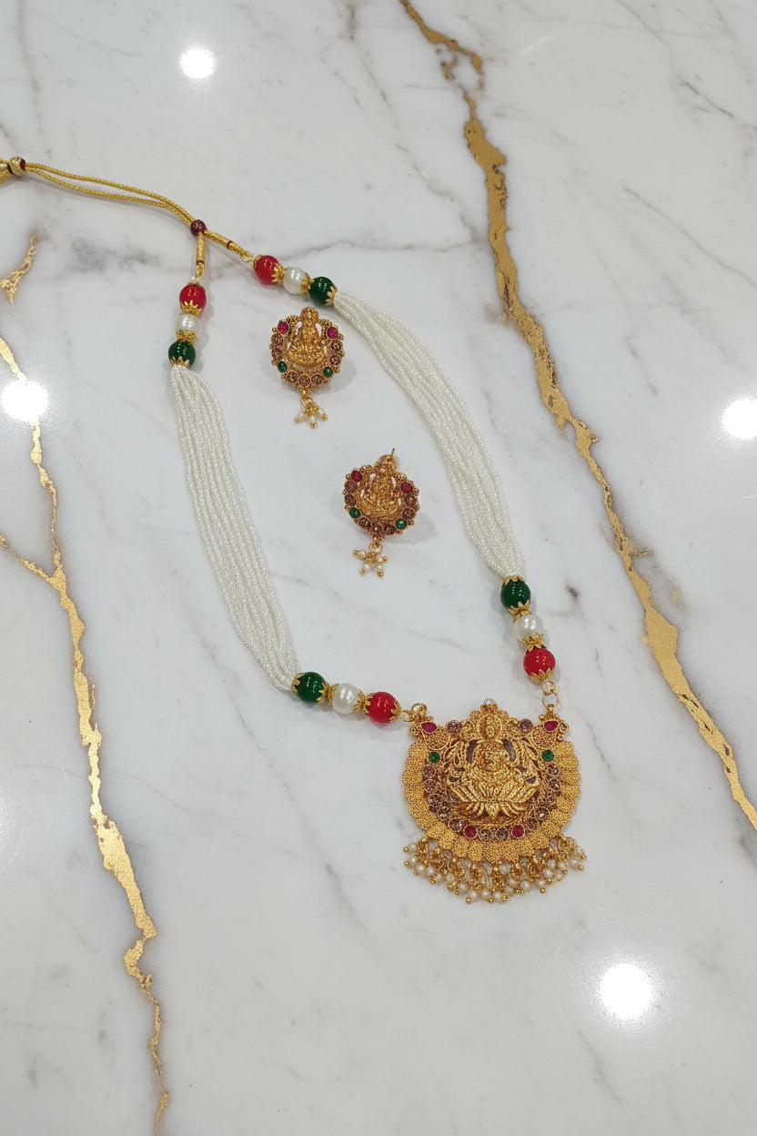 Gold Color White Beaded Temple Jewelry Set with Red Green Beads with Goddess Lakshmi cream color beads center Necklace and earring set