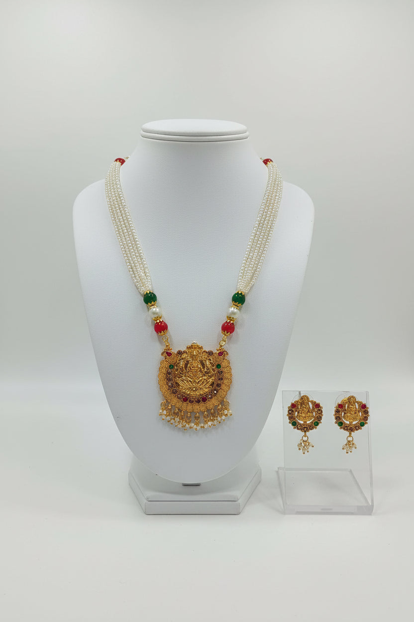 Gold Color White Beaded Temple Jewelry Set with Red Green Beads with Goddess Lakshmi cream color beads center Necklace and earring set
