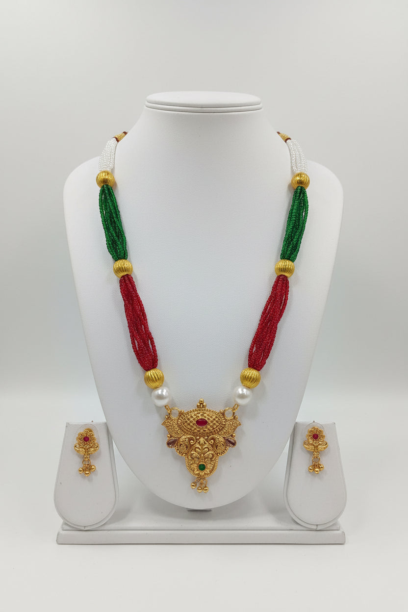 Gold Color White Beaded Temple Jewelry Set with Red Green Beads with Gold beads center Necklace and earring set