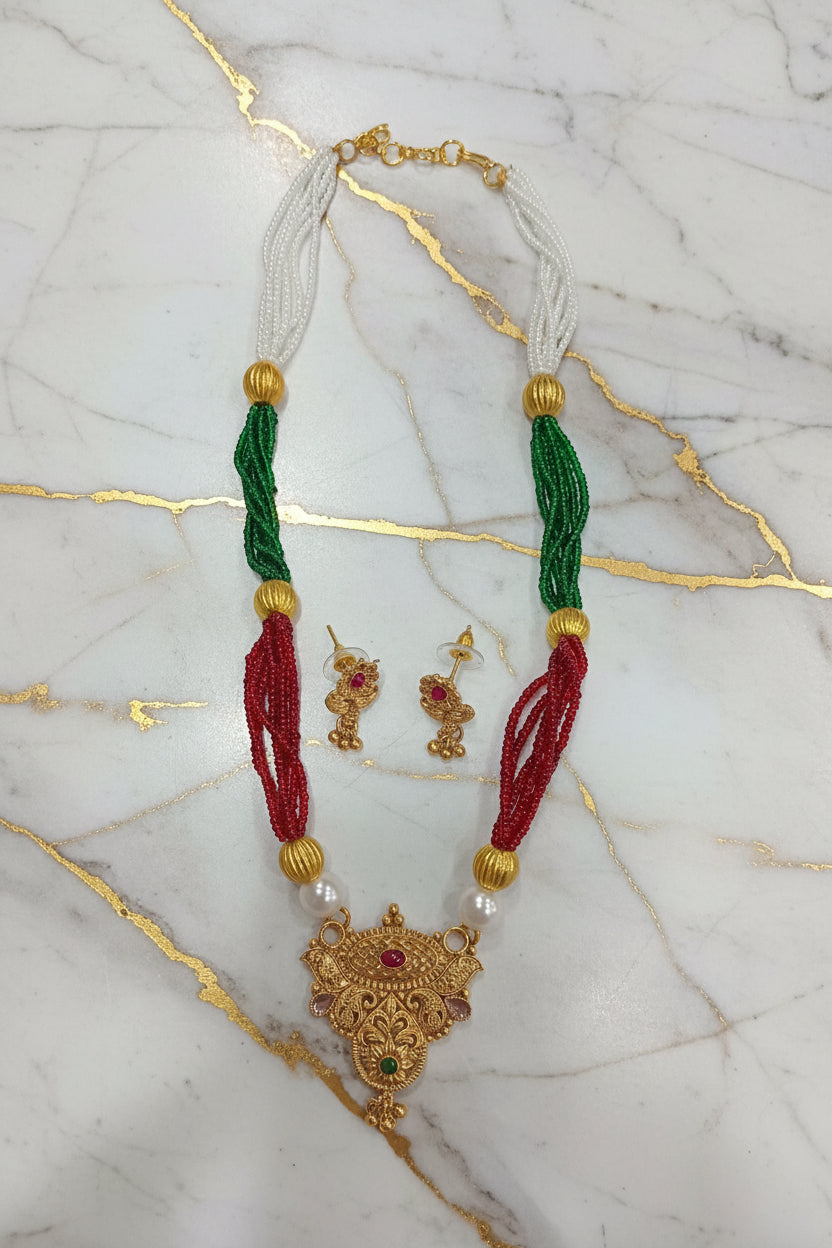 Gold Color White Beaded Temple Jewelry Set with Red Green Beads with Gold beads center Necklace and earring set