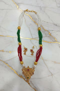 Gold Color White Beaded Temple Jewelry Set with Red Green Beads with Gold beads center Necklace and earring set