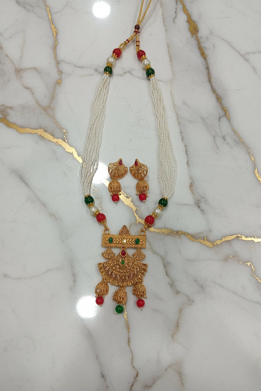 Gold Color White Beaded Red and Green Beads Temple Jewelry Set with Necklace and earring set