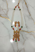 Gold Color White Beaded Red and Green Beads Temple Jewelry Set with Necklace and earring set