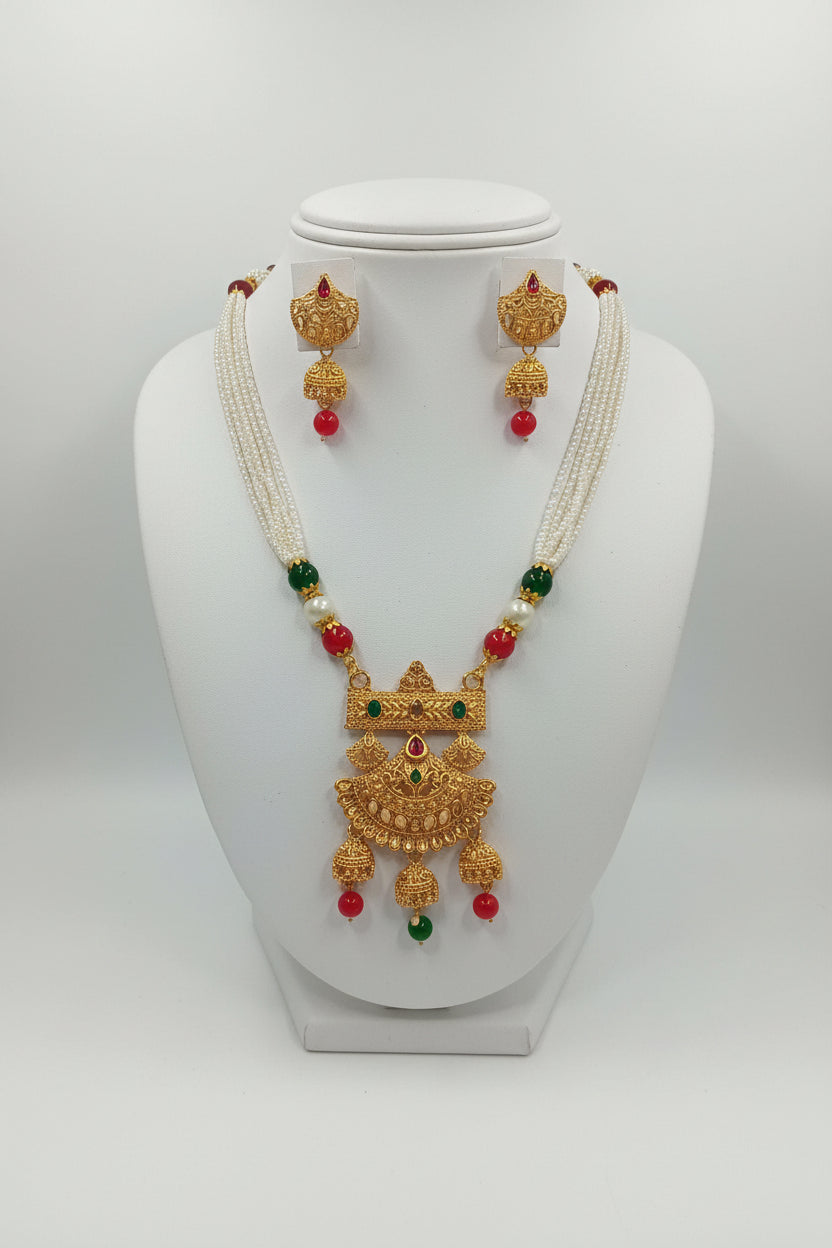 Gold Color White Beaded Red and Green Beads Temple Jewelry Set with Necklace and earring set