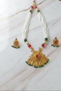 Gold Color White Beaded Temple Jewelry Set with Red Green Beads with green enamel and beads center Necklace and earring set