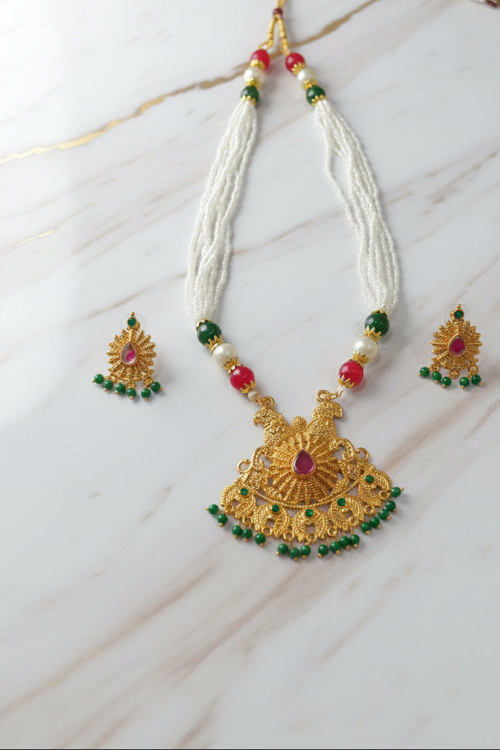Gold Color White Beaded Temple Jewelry Set with Red Green Beads with green enamel and beads center Necklace and earring set