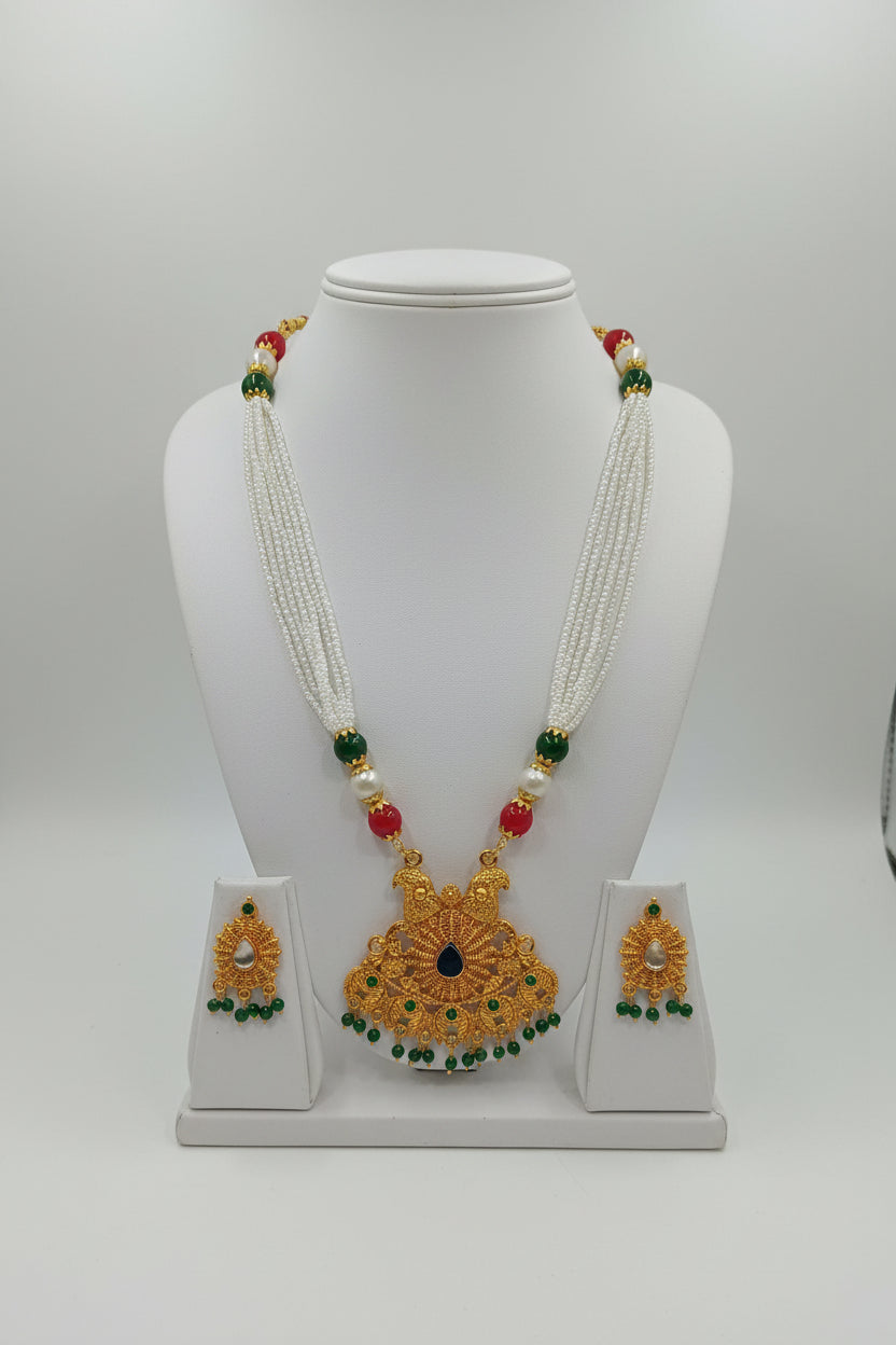 Gold Color White Beaded Temple Jewelry Set with Red Green Beads with green enamel and beads center Necklace and earring set