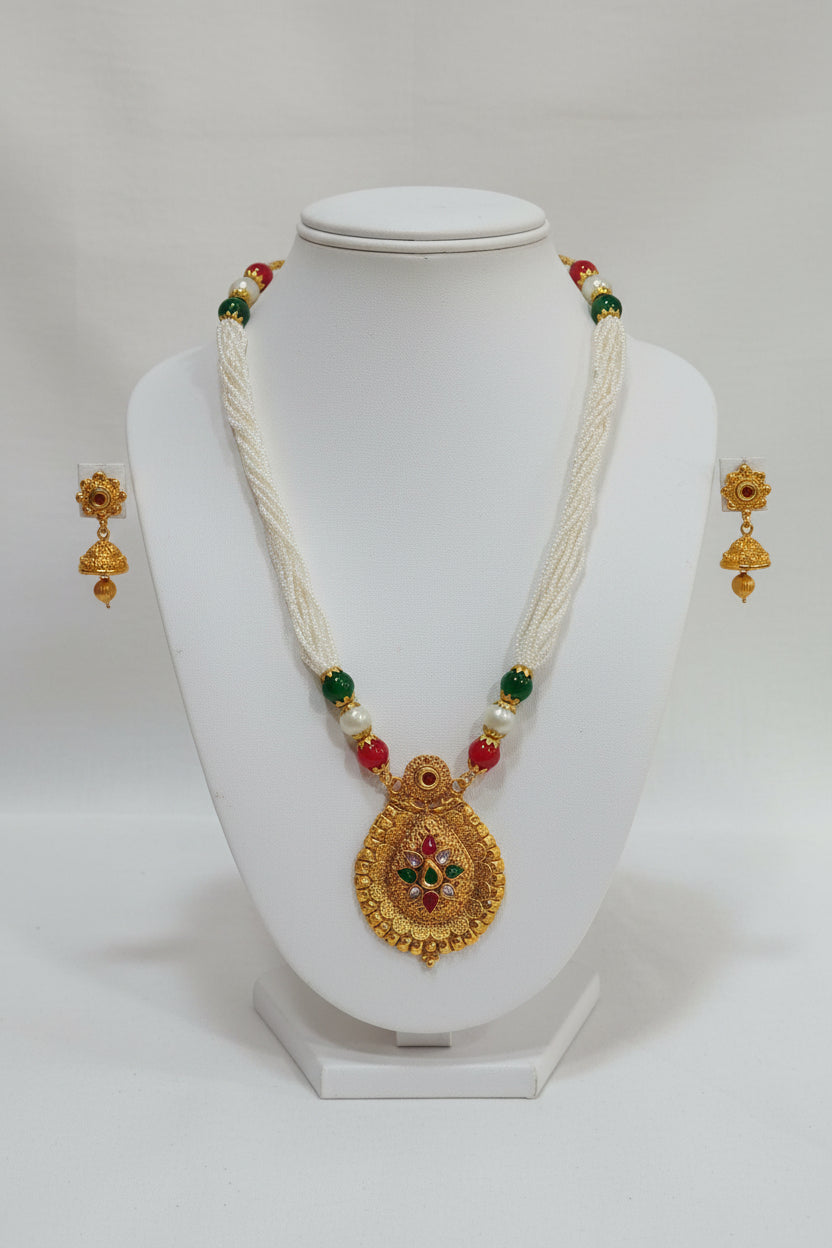 Gold Color White Beaded Temple Jewelry Set with Red Green Beads with Red Green enamel color center Necklace and earring set