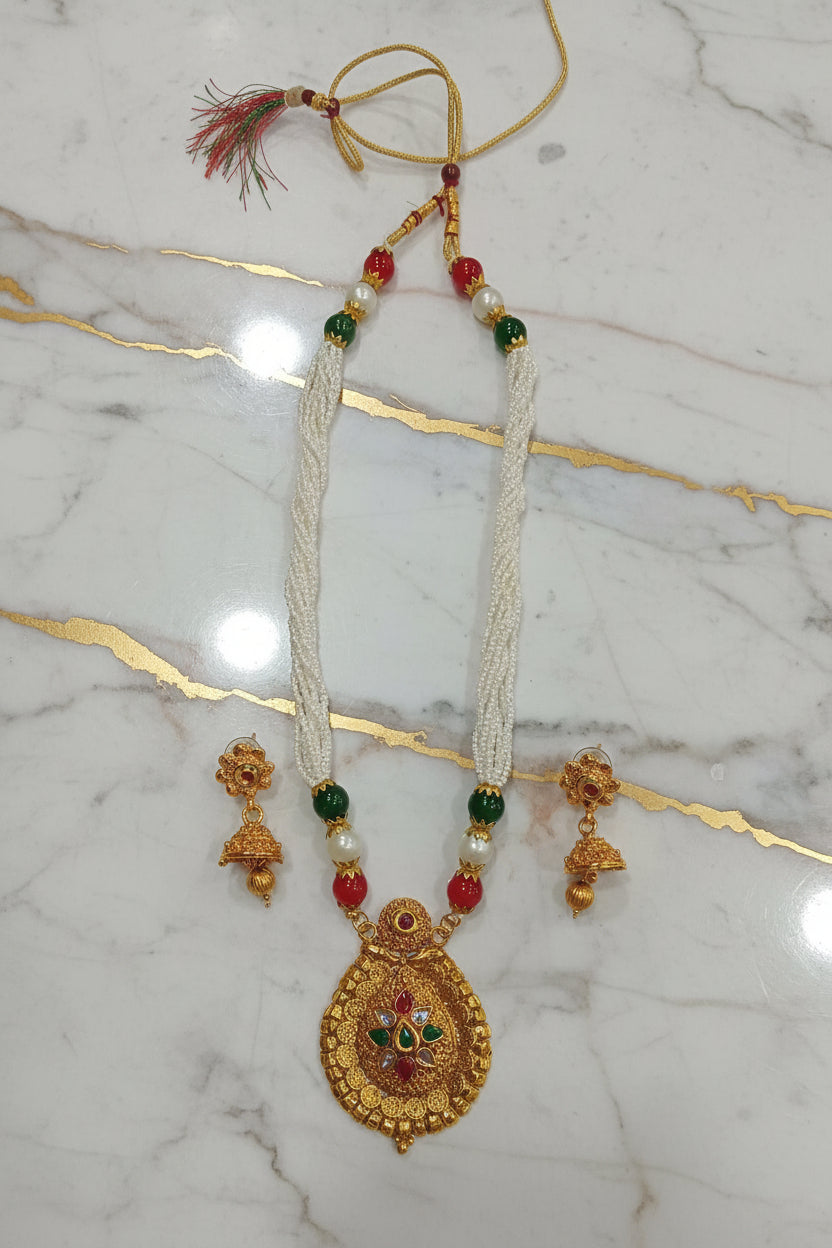 Gold Color White Beaded Temple Jewelry Set with Red Green Beads with Red Green enamel color center Necklace and earring set