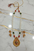 Gold Color White Beaded Temple Jewelry Set with Red Green Beads with Red Green enamel color center Necklace and earring set