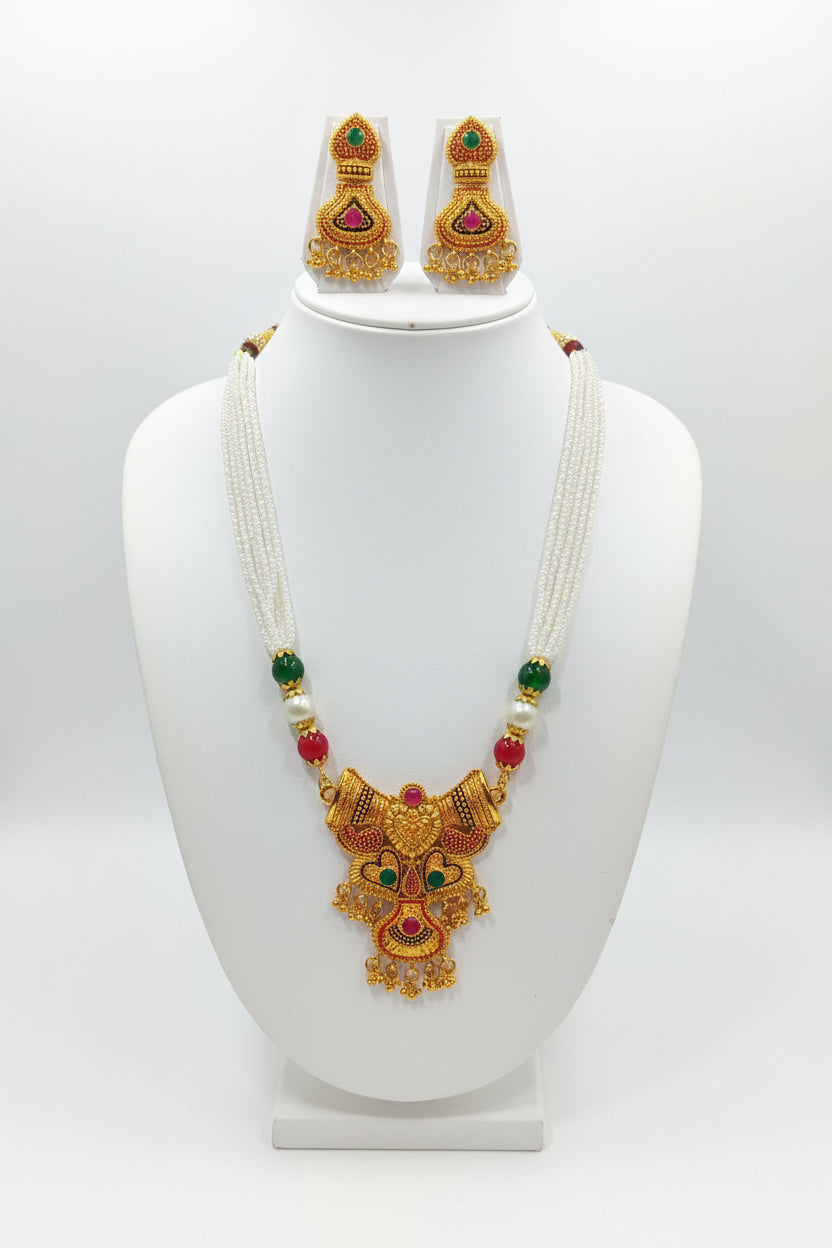 Gold Color White Beaded Temple Jewelry Set with red dotted enamel , Red Green Beads with Gold color beads center Necklace and earring set