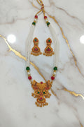 Gold Color White Beaded Temple Jewelry Set with red dotted enamel , Red Green Beads with Gold color beads center Necklace and earring set