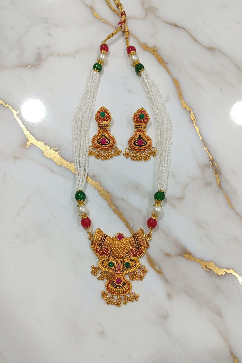 Gold Color White Beaded Temple Jewelry Set with red dotted enamel , Red Green Beads with Gold color beads center Necklace and earring set