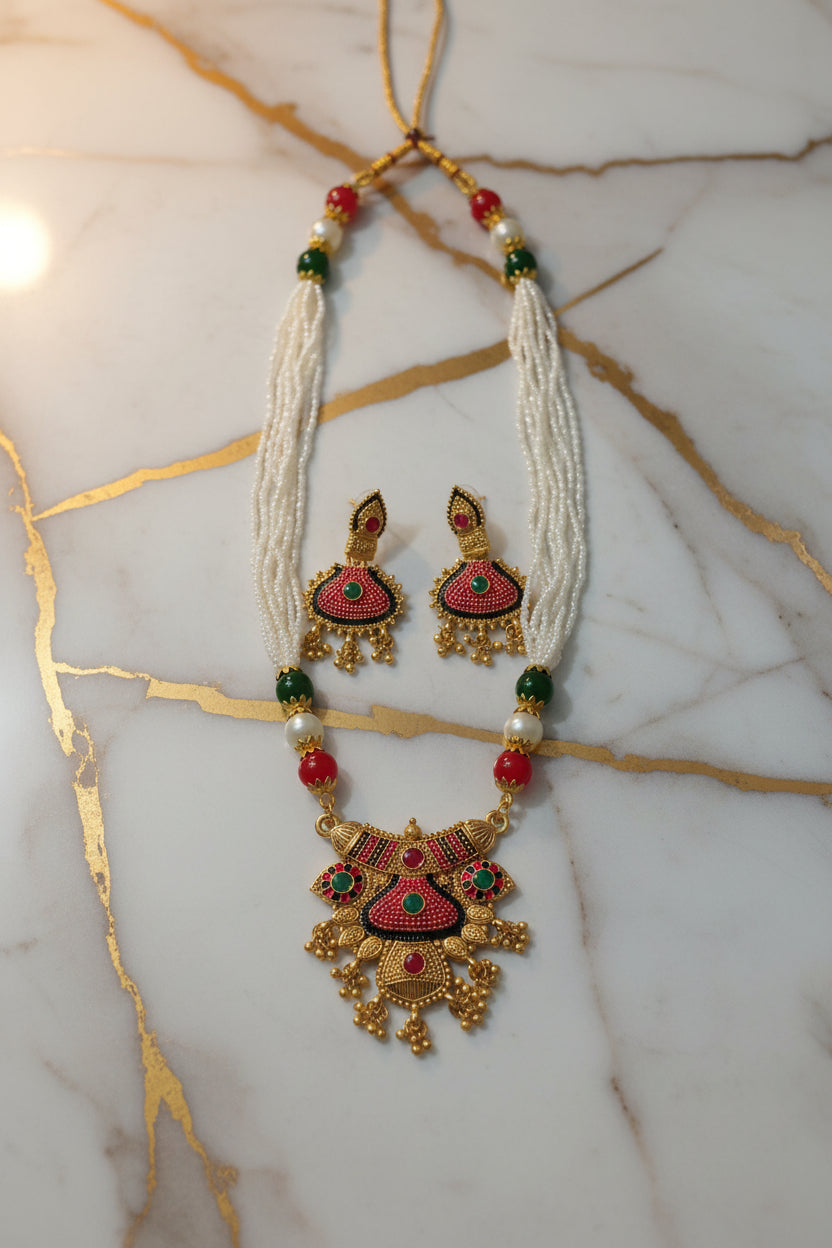 Gold Color White Beaded Temple Jewelry Set with Red and Black enamel , Red Green Beads with Gold color beads center Necklace and earring set
