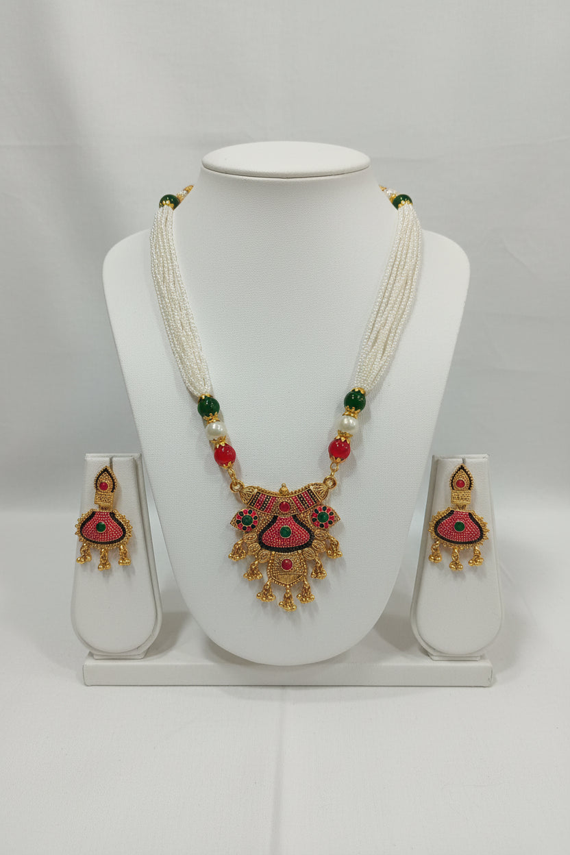 Gold Color White Beaded Temple Jewelry Set with Red and Black enamel , Red Green Beads with Gold color beads center Necklace and earring set