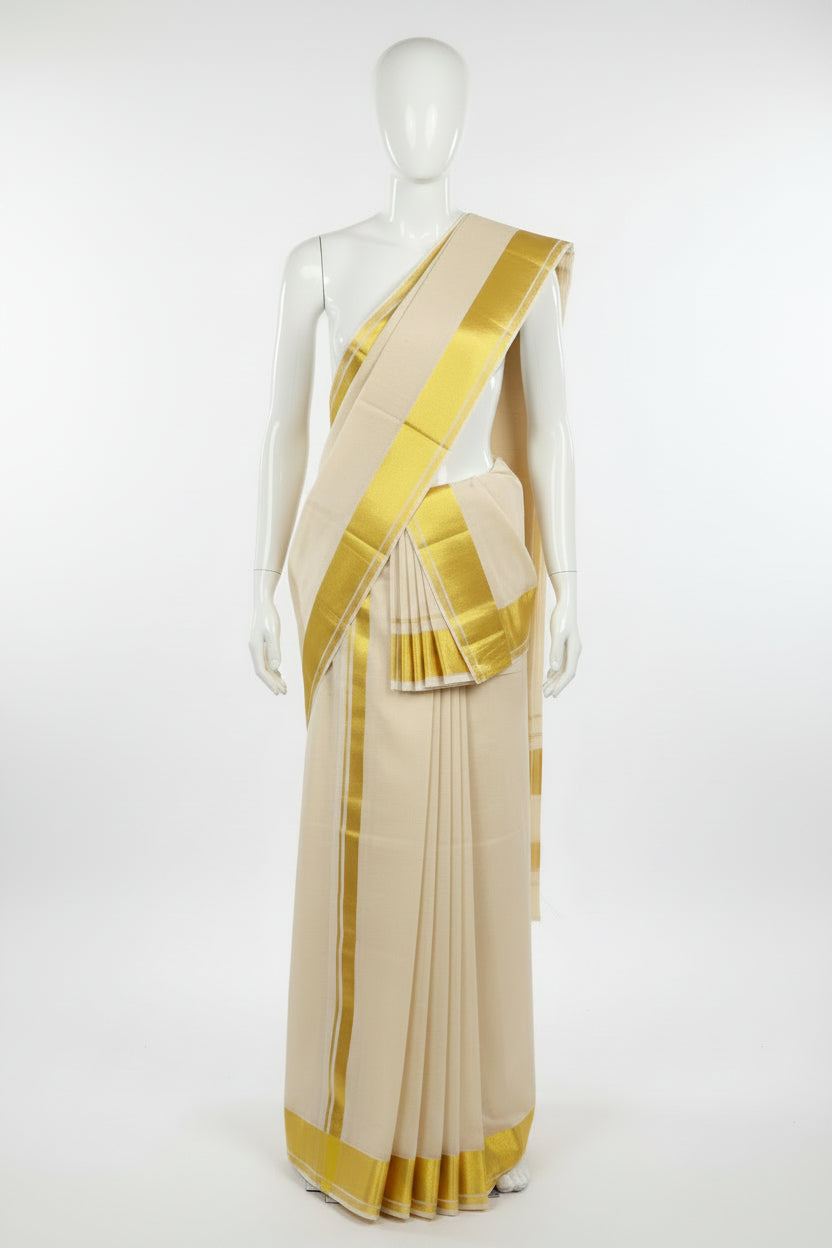Tissue Silk Saree with Gold Kasavu Authentic Kerala Kasavu Set Mund in Silk in Cream Gold Color