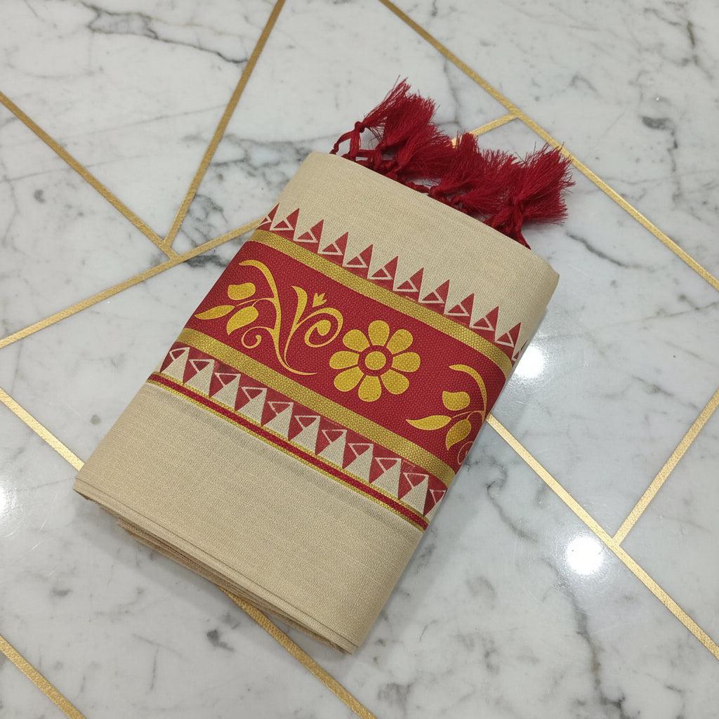 Tissue Silk Saree with Gold Kasavu Authentic Kerala Kasavu Set Mund with Floral Red printed in Cream Gold Color