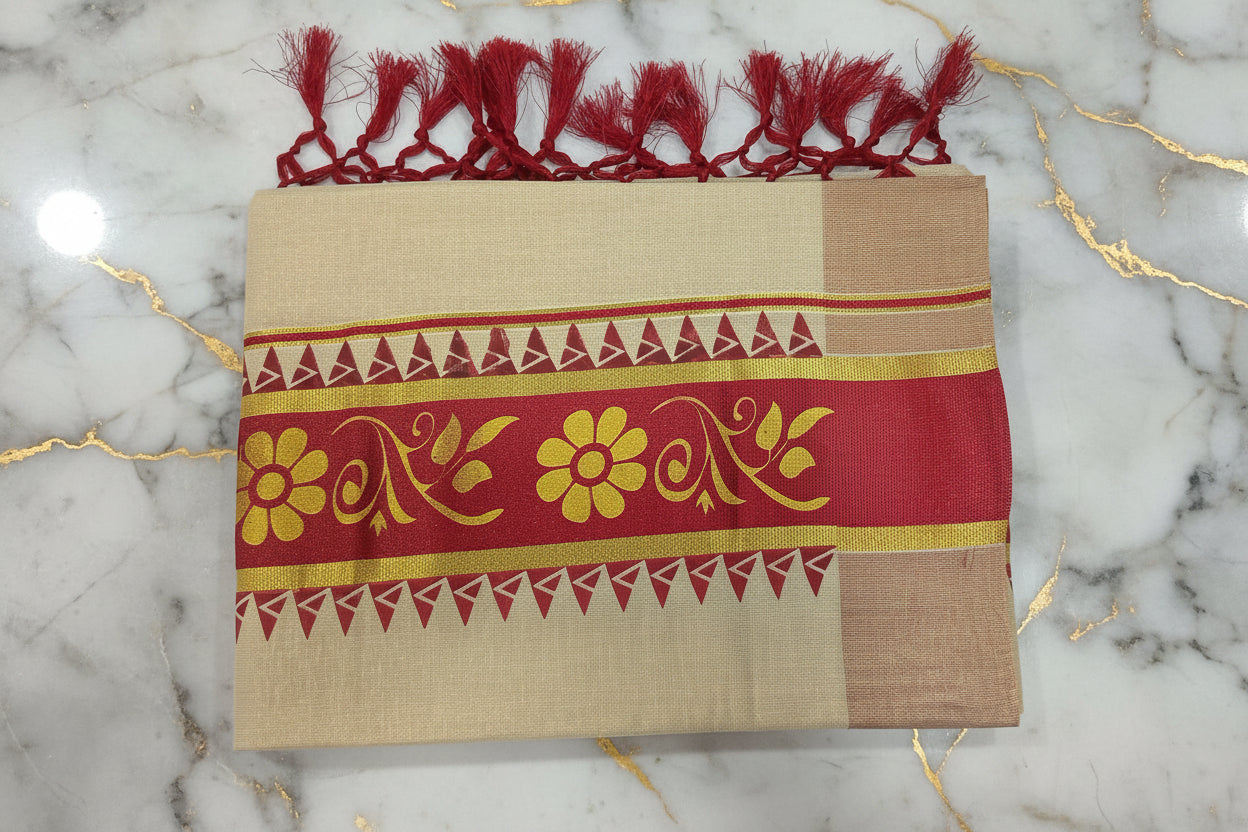 Tissue Silk Saree with Gold Kasavu Authentic Kerala Kasavu Set Mund with Floral Red printed in Cream Gold Color