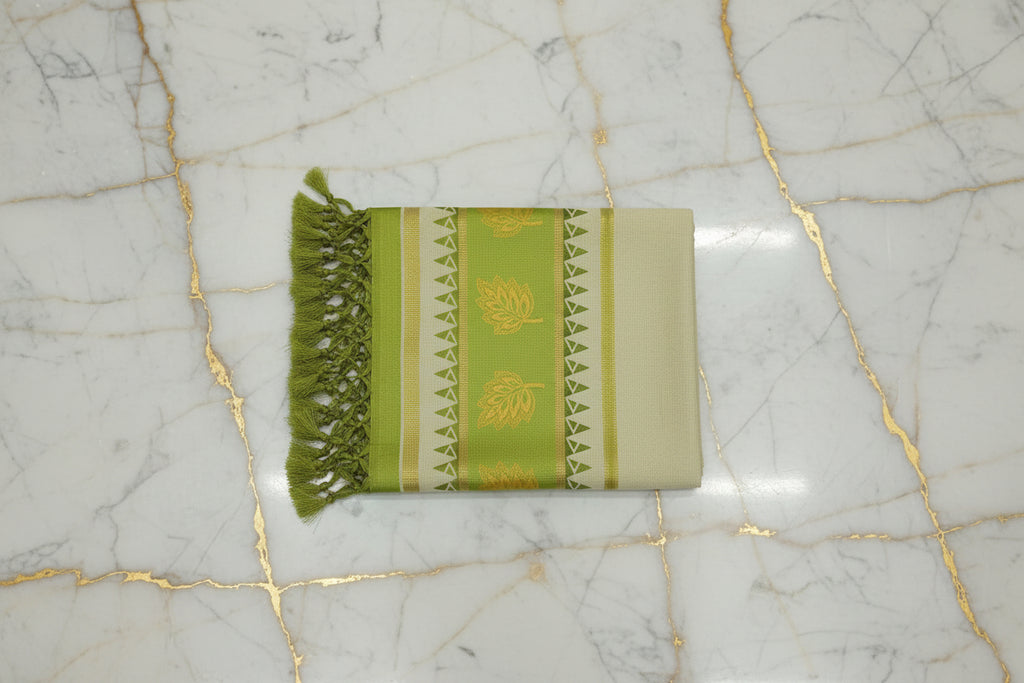 Tissue Silk Saree with Gold Kasavu Authentic Kerala Kasavu Set Mund with Floral Green printed in Cream Gold Color