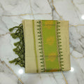 Tissue Silk Saree with Gold Kasavu Authentic Kerala Kasavu Set Mund with Floral Green printed in Cream Gold Color