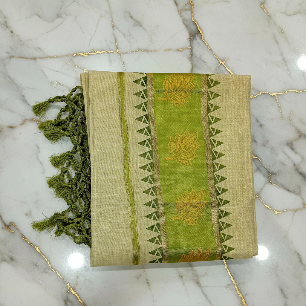 Tissue Silk Saree with Gold Kasavu Authentic Kerala Kasavu Set Mund with Floral Green printed in Cream Gold Color