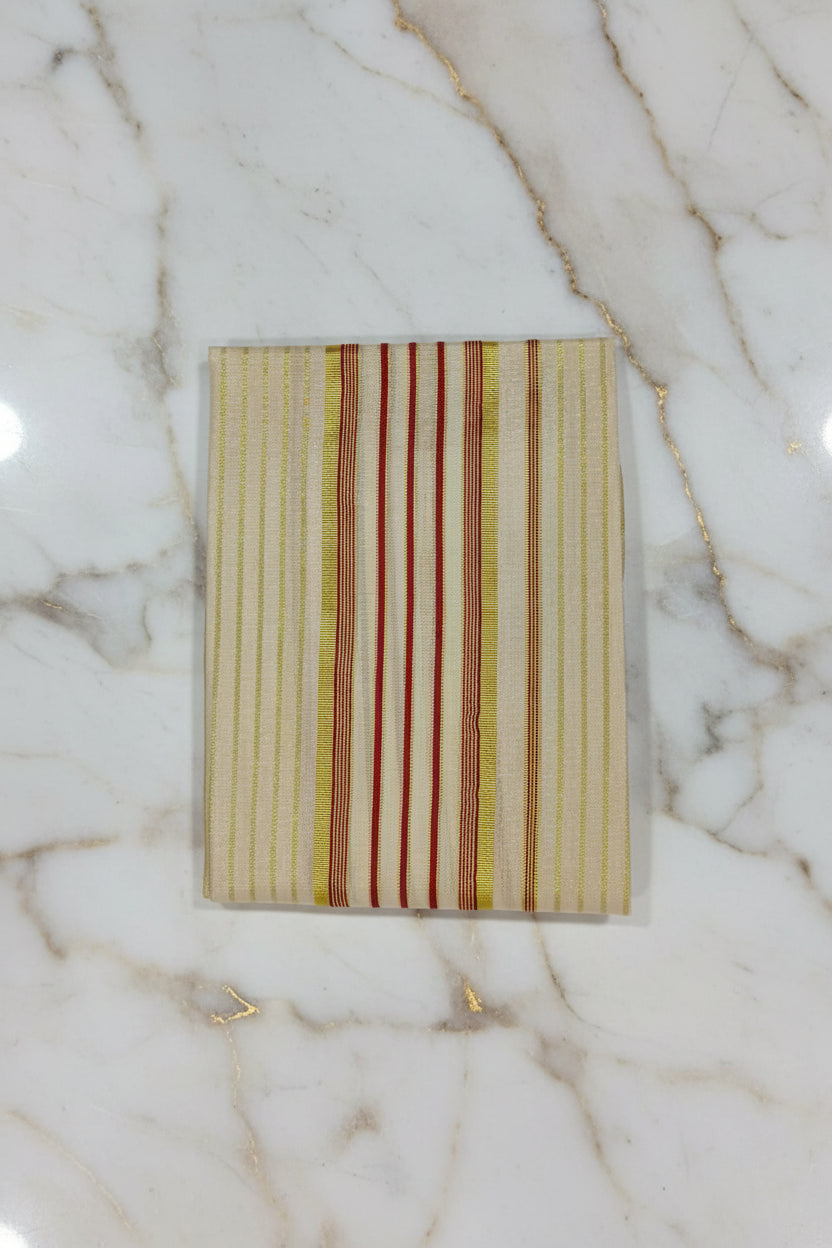 Tissue Silk Saree with Gold Kasavu Authentic Kerala Kasavu Set Mund with Red Striped pattern in Cream Gold Color