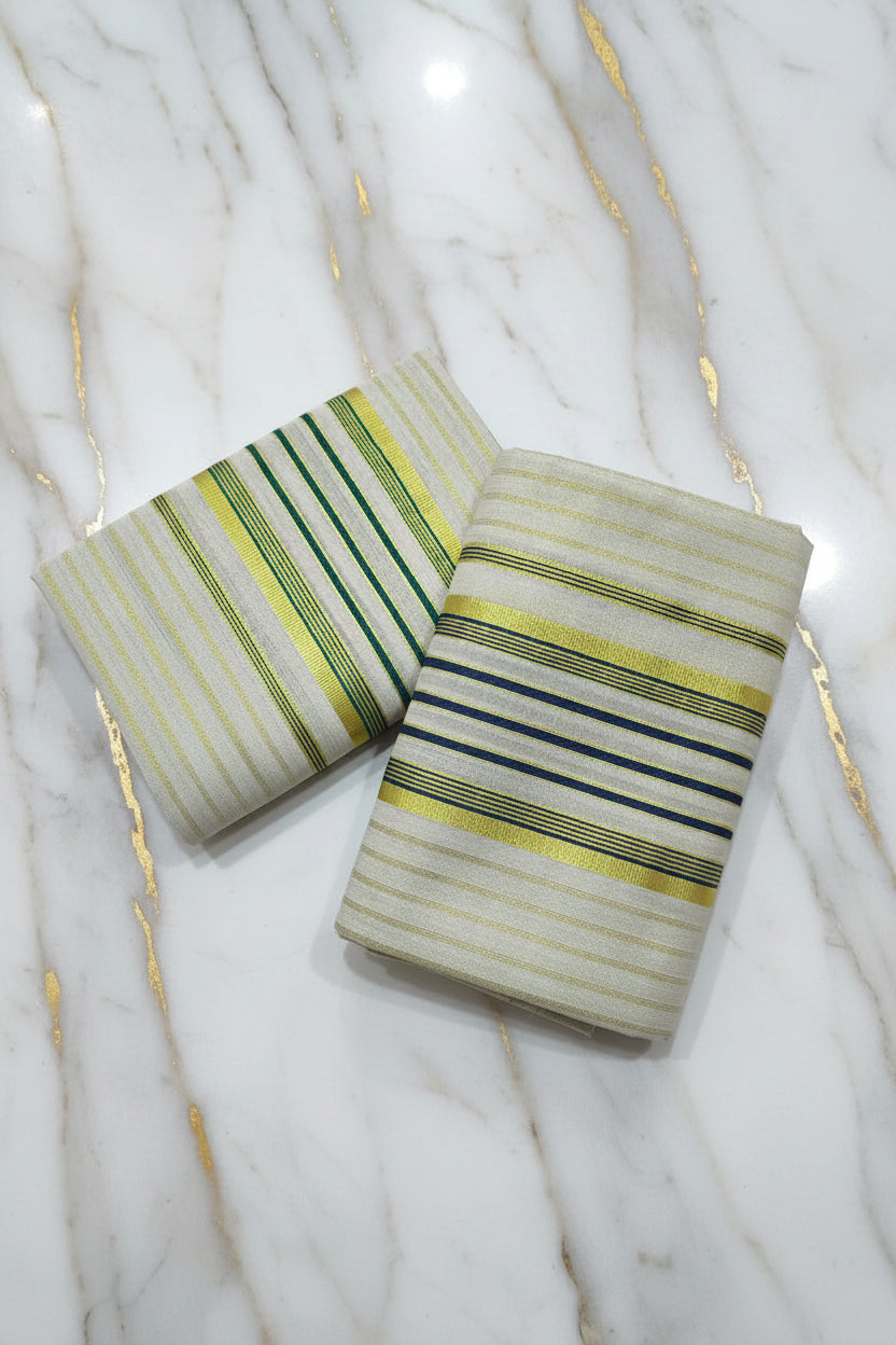 Tissue Silk Saree with Gold Kasavu Authentic Kerala Kasavu Set Mund with Green Striped pattern in Cream Gold Color