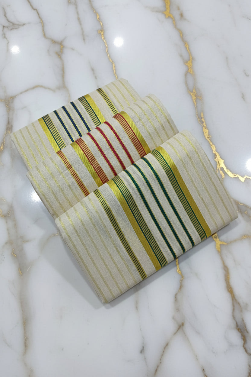Tissue Silk Saree with Gold Kasavu Authentic Kerala Kasavu Set Mund with Red Striped pattern in Cream Gold Color