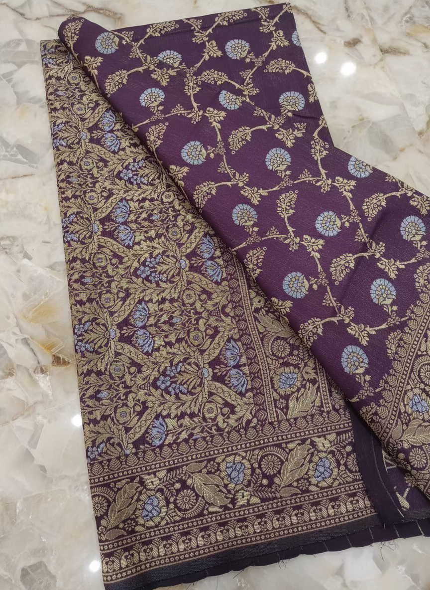 Semi Kanchipuram Silk Saree with Gold Zari Floral Butta and detailed border and Pallu in Royal Purple color