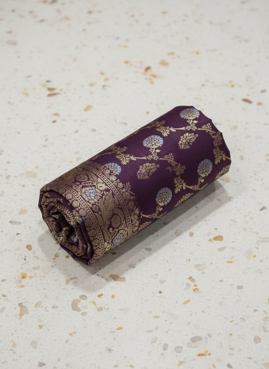 Semi Kanchipuram Silk Saree with Gold Zari Floral Butta and detailed border and Pallu in Royal Purple color