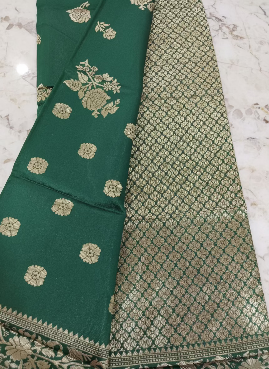 Semi Kanchipuram Silk Saree with Gold Zari Buttas and Pallu in Rich Green Color