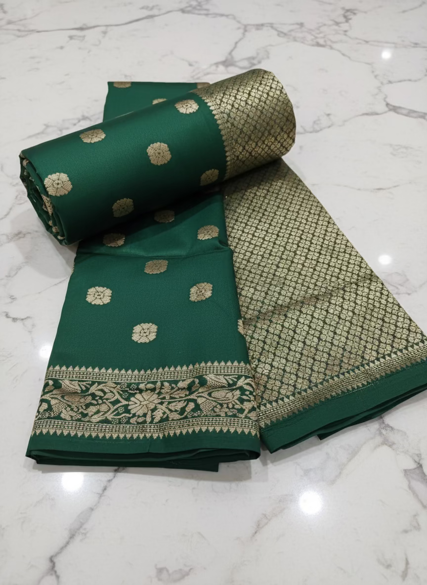 Semi Kanchipuram Silk Saree with Gold Zari Buttas and Pallu in Rich Green Color