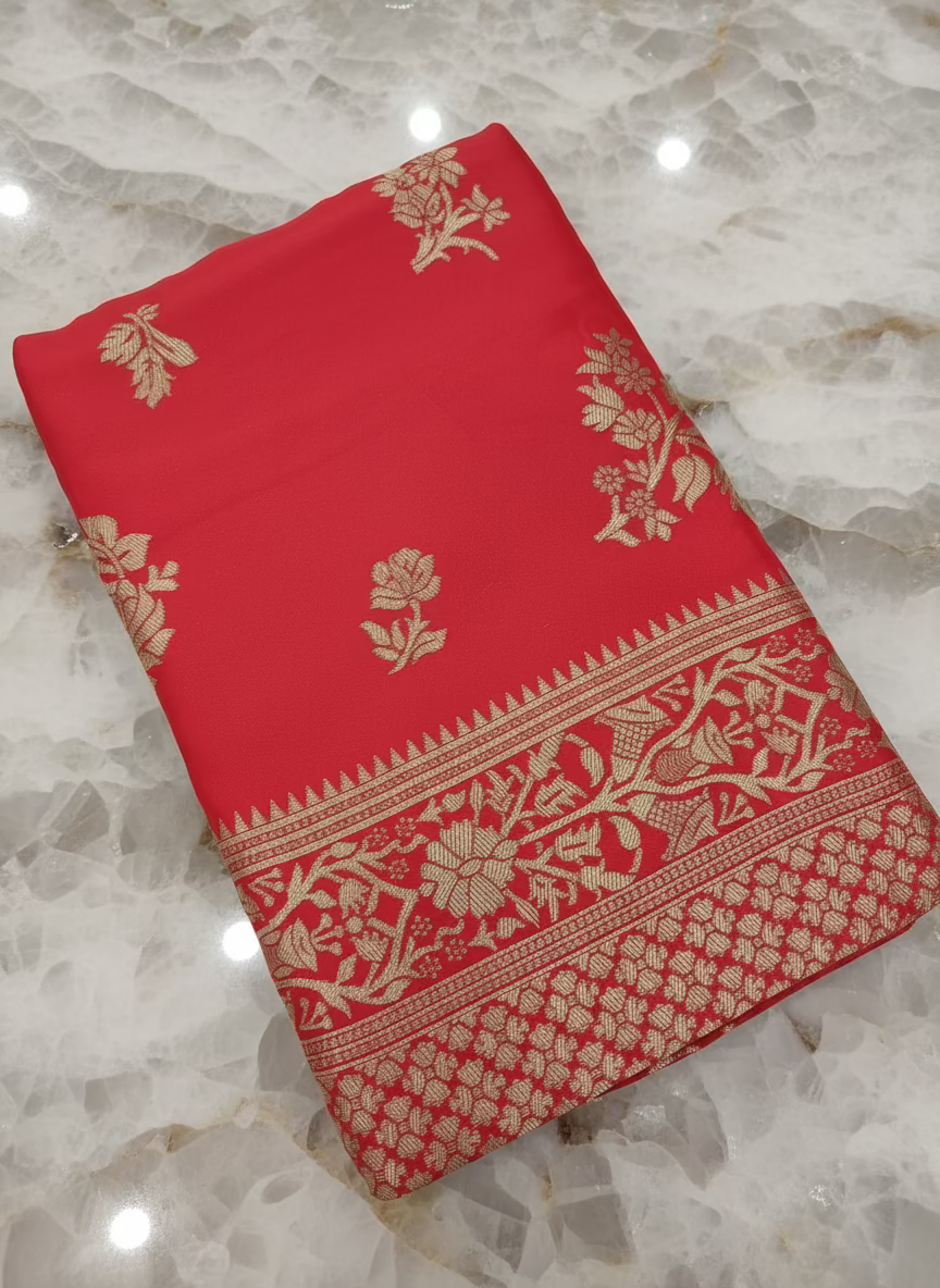 Semi Kanchipuram Silk Saree with Gold Zari Buttas and Pallu in Apple Red Color