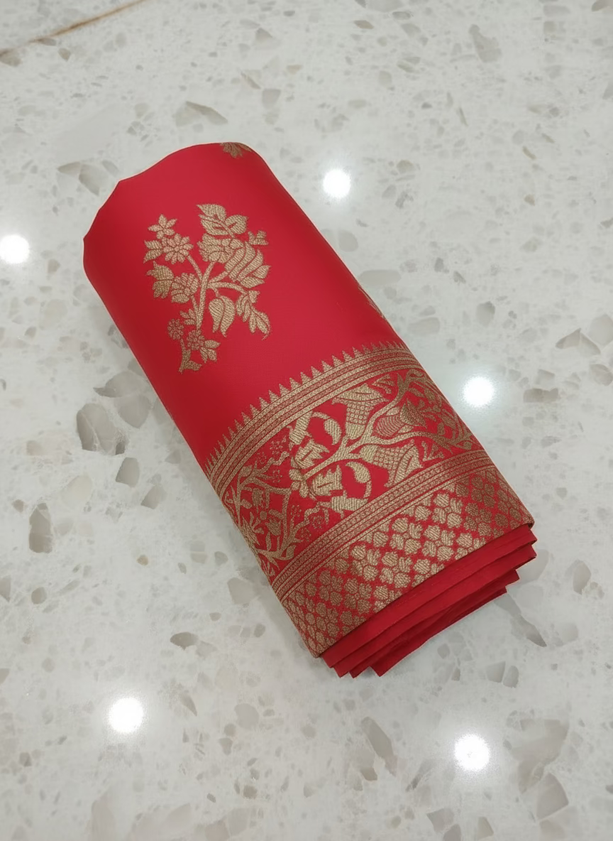 Semi Kanchipuram Silk Saree with Gold Zari Buttas and Pallu in Apple Red Color