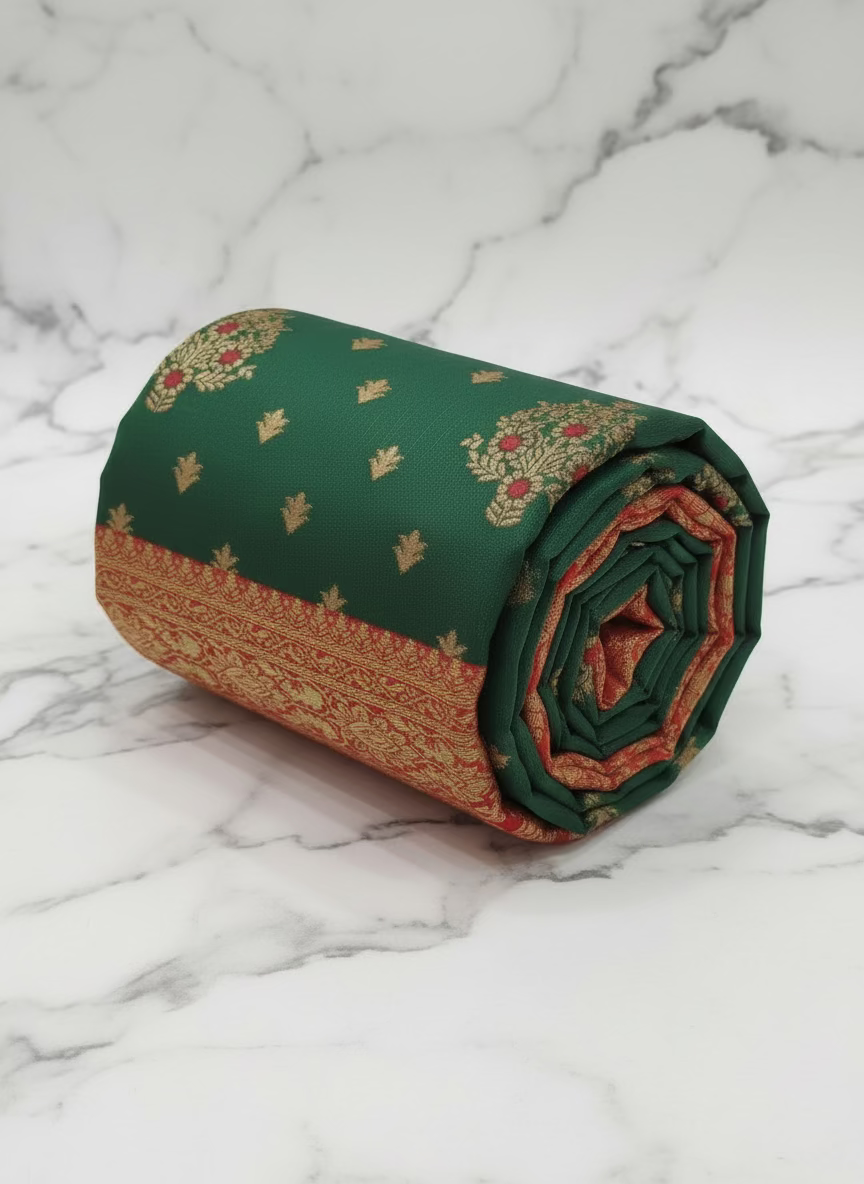 Semi Kanchipuram Silk Saree with Gold Zari Buttas and Pallu in Pine Green Red Color