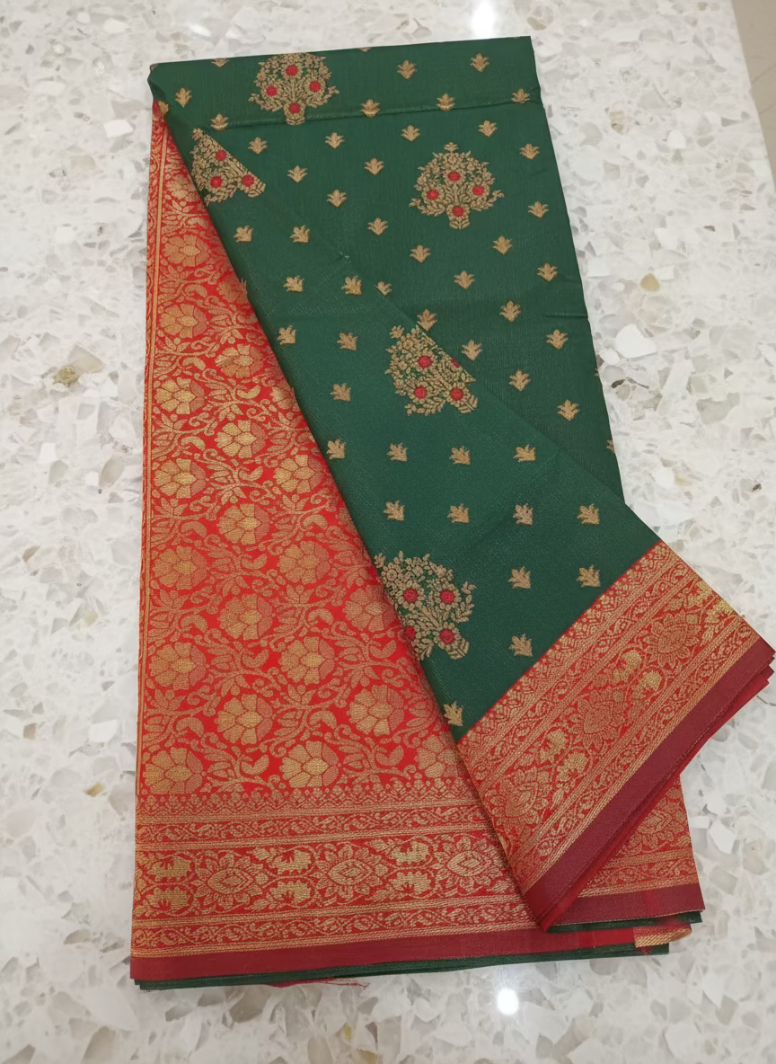 Semi Kanchipuram Silk Saree with Gold Zari Buttas and Pallu in Pine Green Red Color