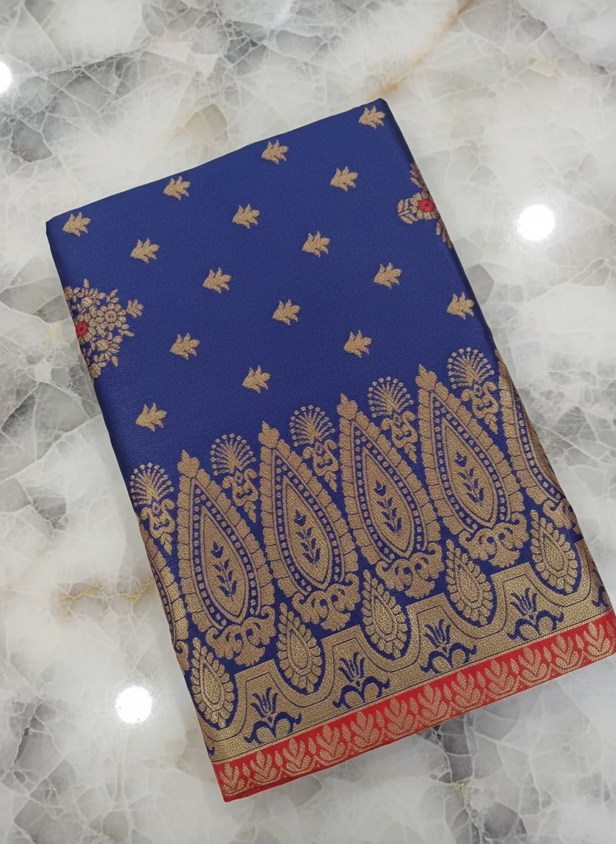 Semi Kanchipuram Silk Saree with Gold Zari Buttas and Pallu in Royal Blue Red color