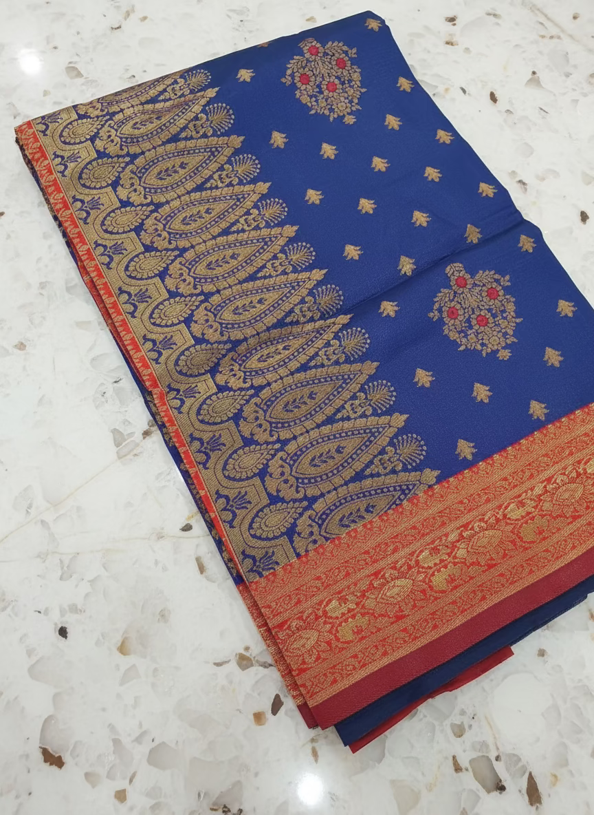 Semi Kanchipuram Silk Saree with Gold Zari Buttas and Pallu in Royal Blue Red color