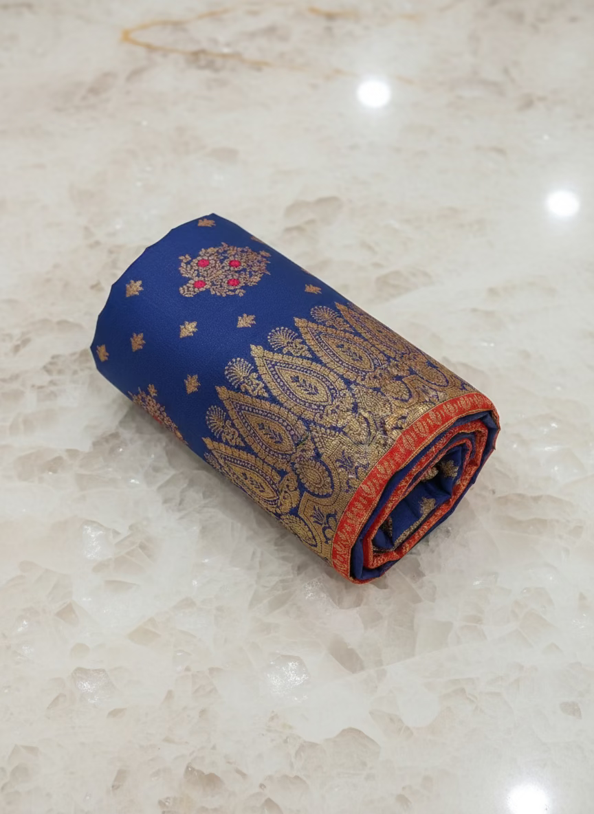 Semi Kanchipuram Silk Saree with Gold Zari Buttas and Pallu in Royal Blue Red color